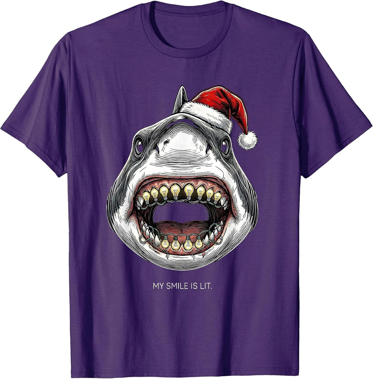 Men's My Smile Is Lit Funny Shark Santa Hat Christmas Lights Humor T-Shirt - Purple