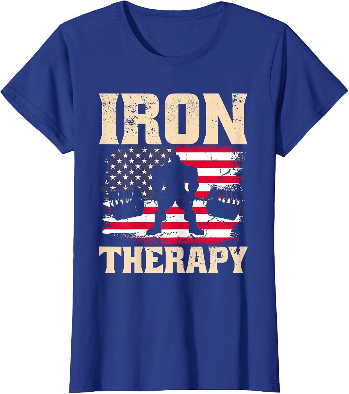 Iron Therapy Gym Deadlift Powerlift with USA American Flag T-Shirt - Royal Blue