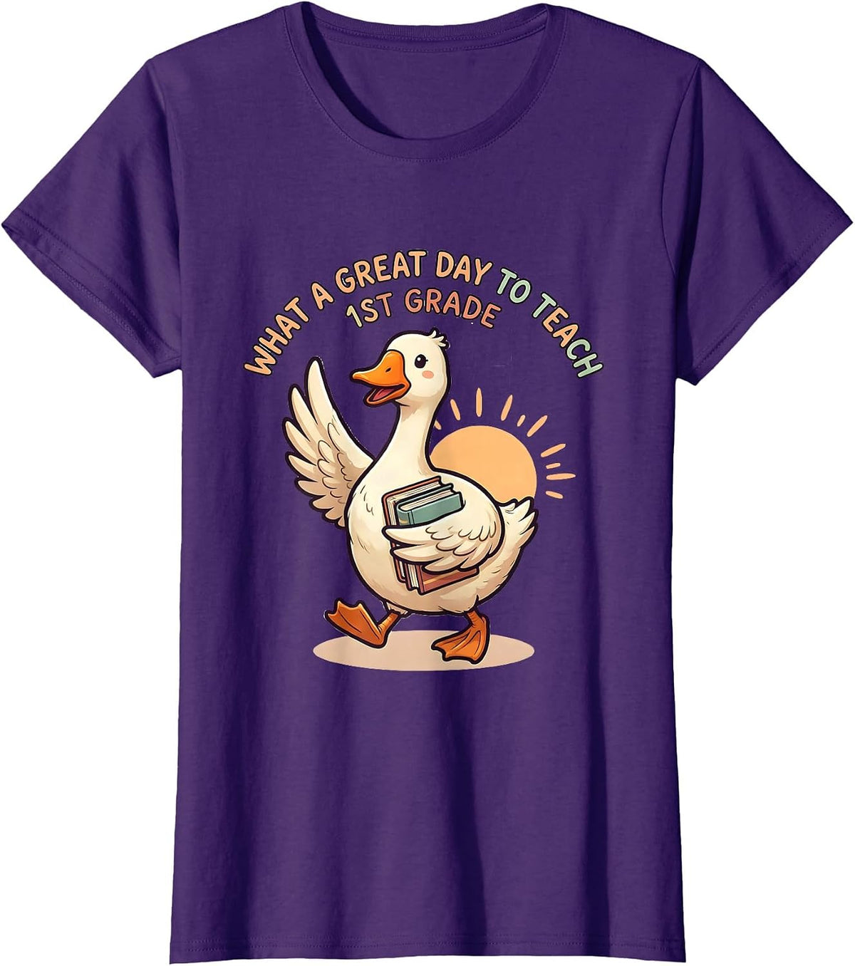 Women's What A Great Day To Teach 1st Grade Cute Goose Teacher Back T-Shirt - Purple