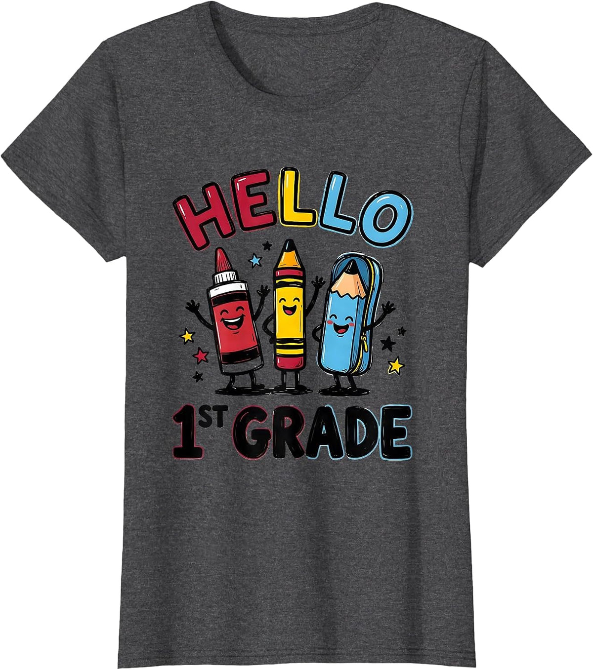 Women's Hello, 1st Grade Cute School Supplies Back To School Teacher T-Shirt - Dark Heather Grey
