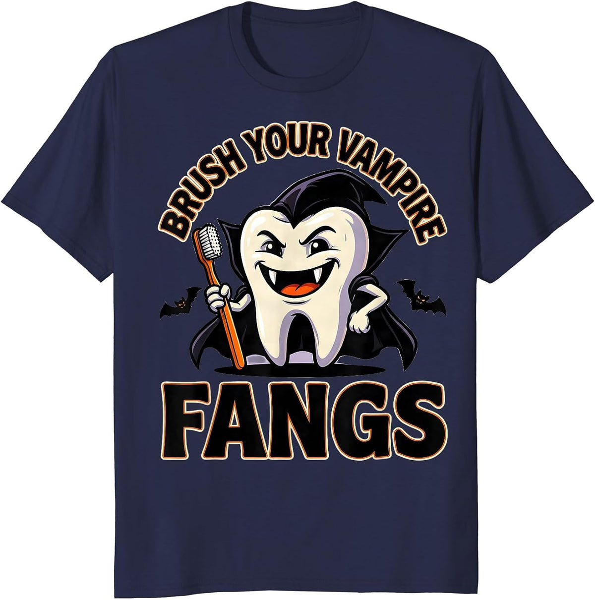Brush Your Vampire Fangs Funny Dental Hygienist Halloween T-Shirt - Navy Blue