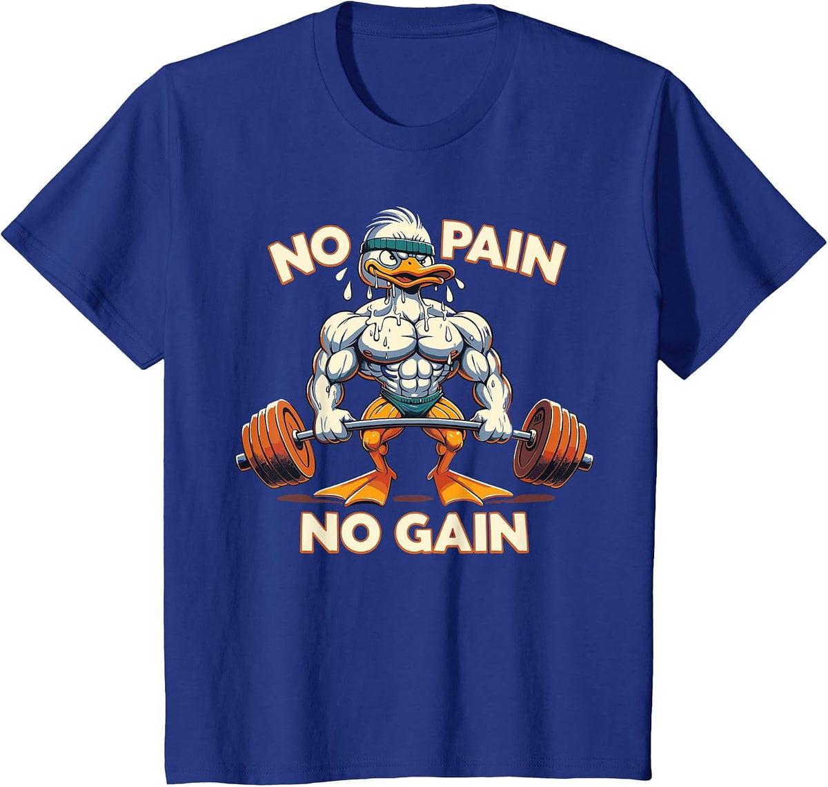 No Pain No Gain - Muscular Funny Duck Weightlifting Workout T-Shirt - Royal Blue