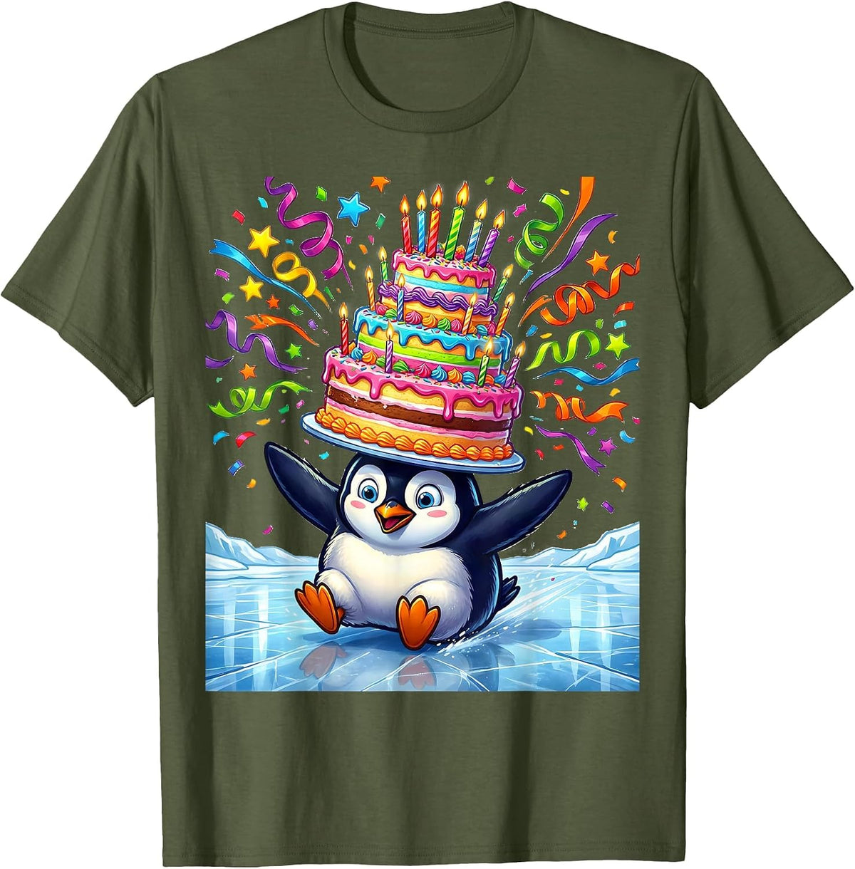 Penguin Ice Sliding Birthday Cake Celebration T-Shirt - Olive Green