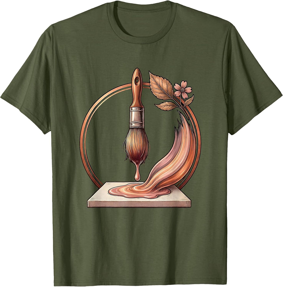 Preschool Teacher Rainbow Paintbrush Canvas Art T-Shirt - Olive Green