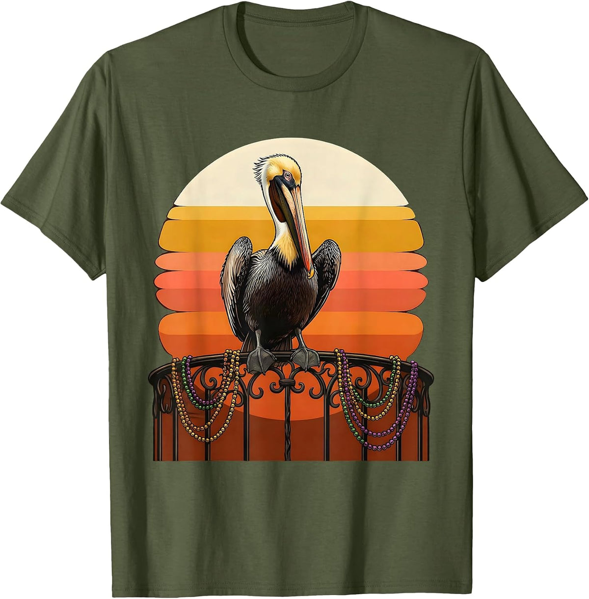 Men's Mardi Gras Pelican Balcony Beads Illustration T-Shirt - Olive Green