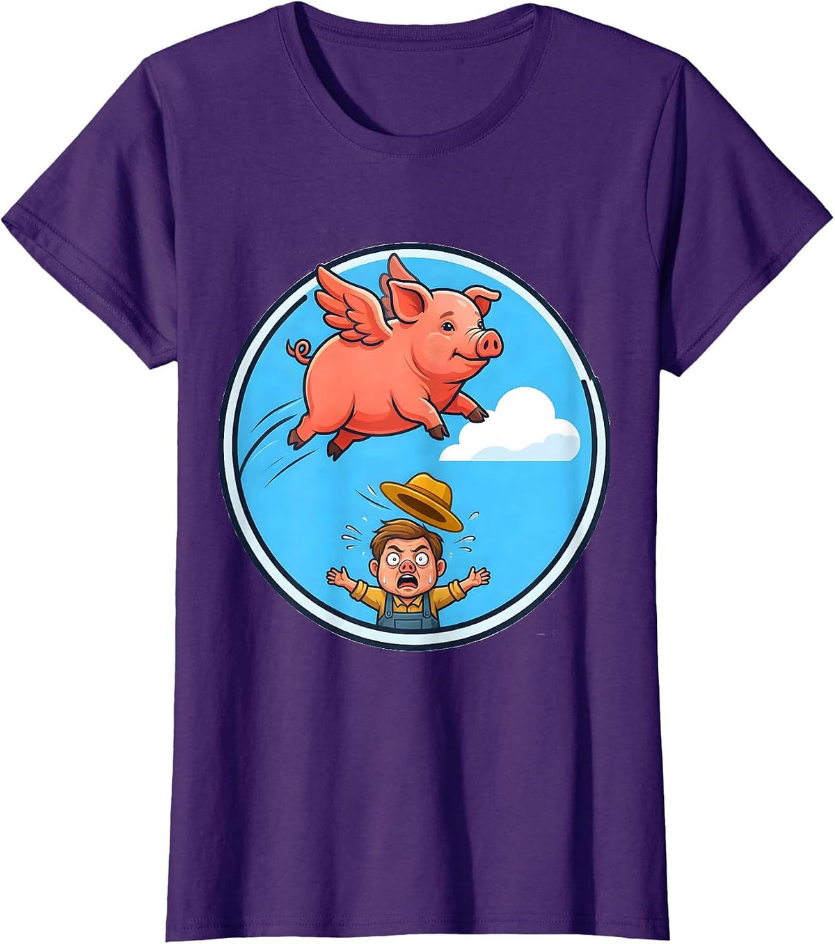 Women's Funny Flying Pig Soaring Past Shocked Farmer T-Shirt - Purple