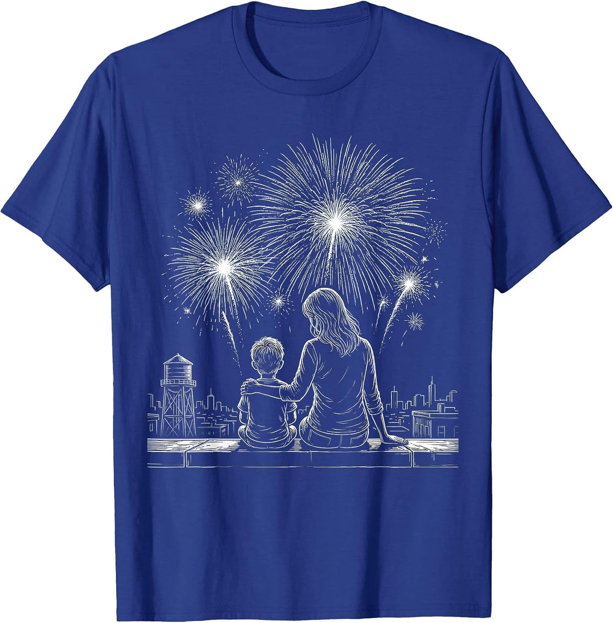 Boy Mama Rooftop Fireworks Mother Son Design T-Shirt - Royal Blue