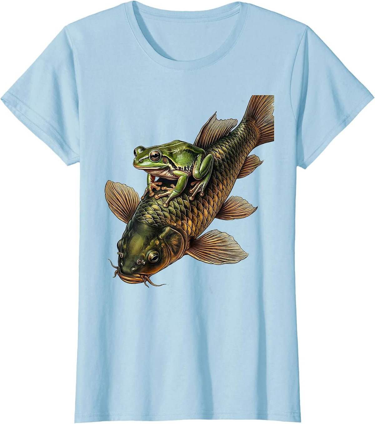Women's Frog Riding Giant Koi Fish Graphic Tee T-Shirt - Baby Blue