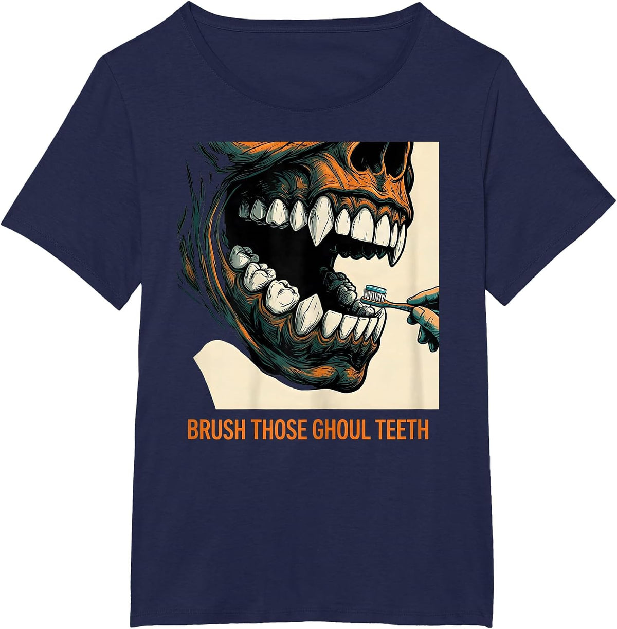 Women's Brush Those Ghoul Teeth Funny Dental Hygienist Halloween T-Shirt - Navy Blue
