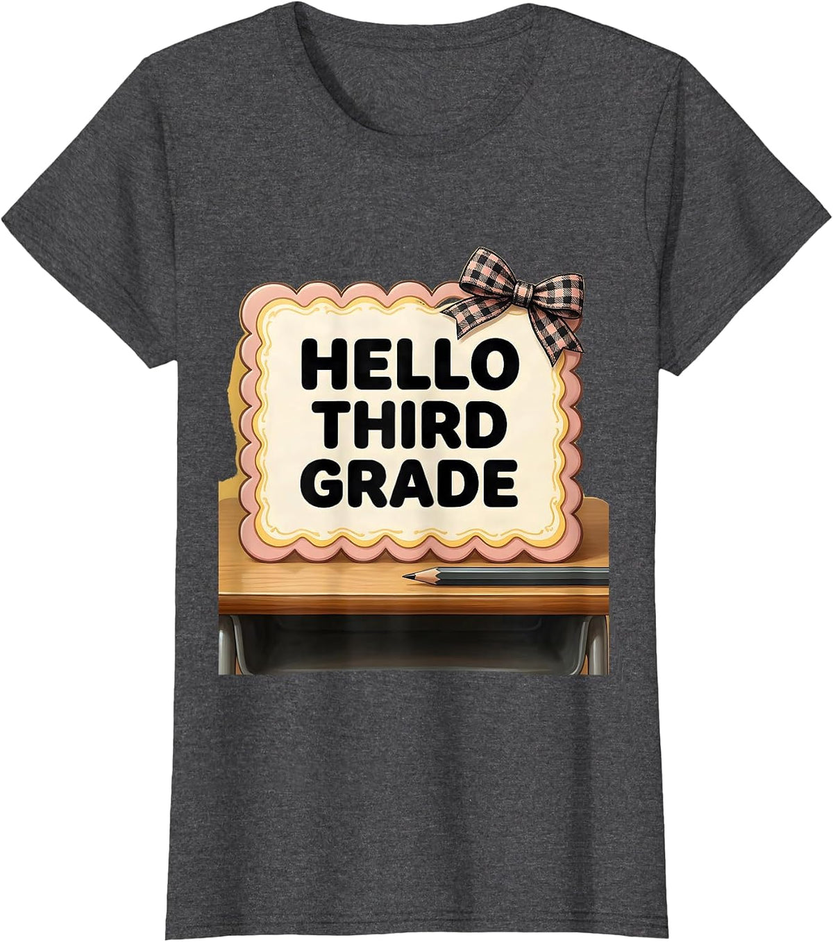 Women's Hello Third Grade Cute Coquette Back To School Pencil T-Shirt - Dark Heather Grey