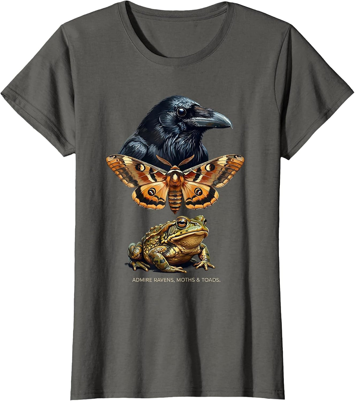 Women's Admire Ravens, Moths & Toads Whimsical Misunderstood T-Shirt - Asphalt Grey