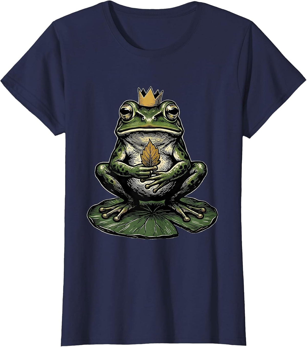 Women's Squat Frog Paper Crown Linocut Frog Lover Humor T-Shirt - Navy Blue