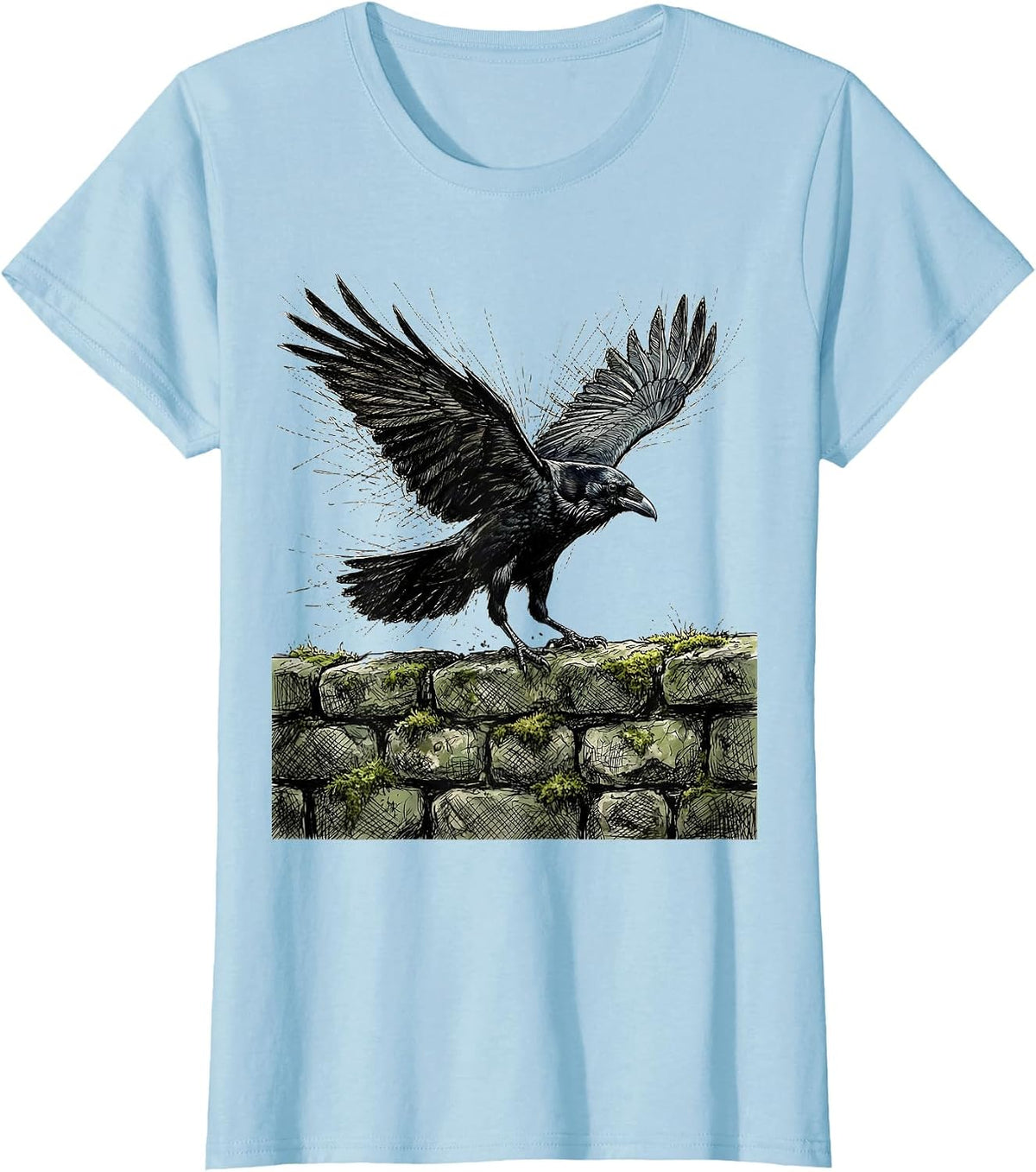 Women's Raven on Mossy Stone Wall Fall Nature Design T-Shirt - Baby Blue