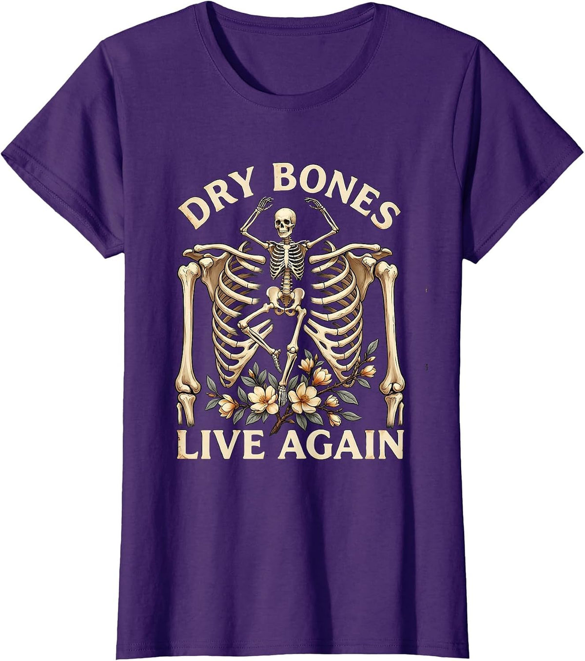 Women's Dry Bones Live Again Vintage Skeleton Christian Faith Humor T-Shirt - Purple
