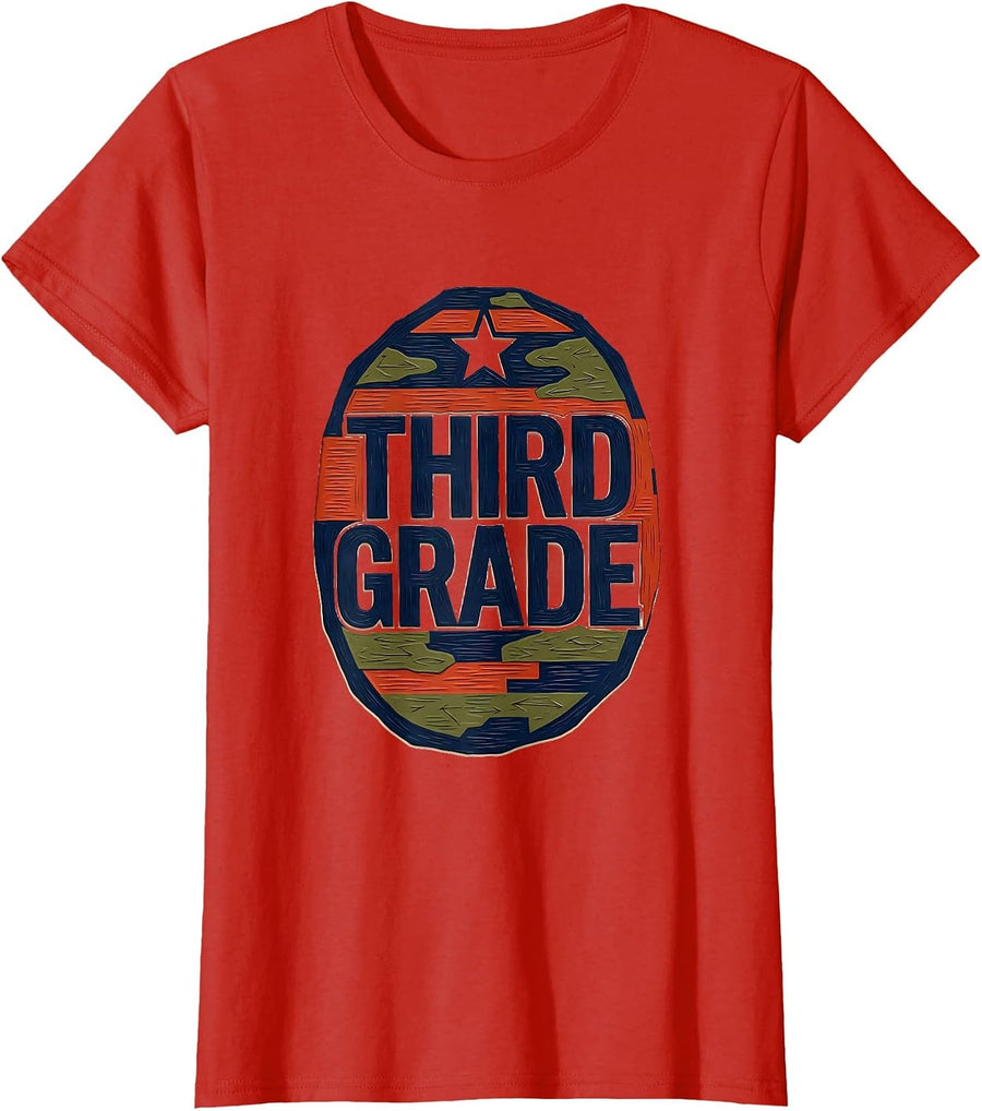 Women's Third Grade Linocut Patriotic Camo Back To School Matching T-Shirt - Red