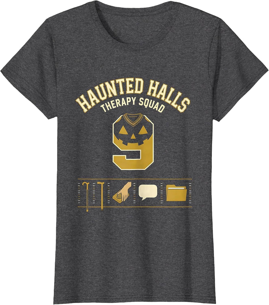 Women's Haunted Halls Therapy Squad Physical Therapy Halloween PT T-Shirt - Dark Heather Grey