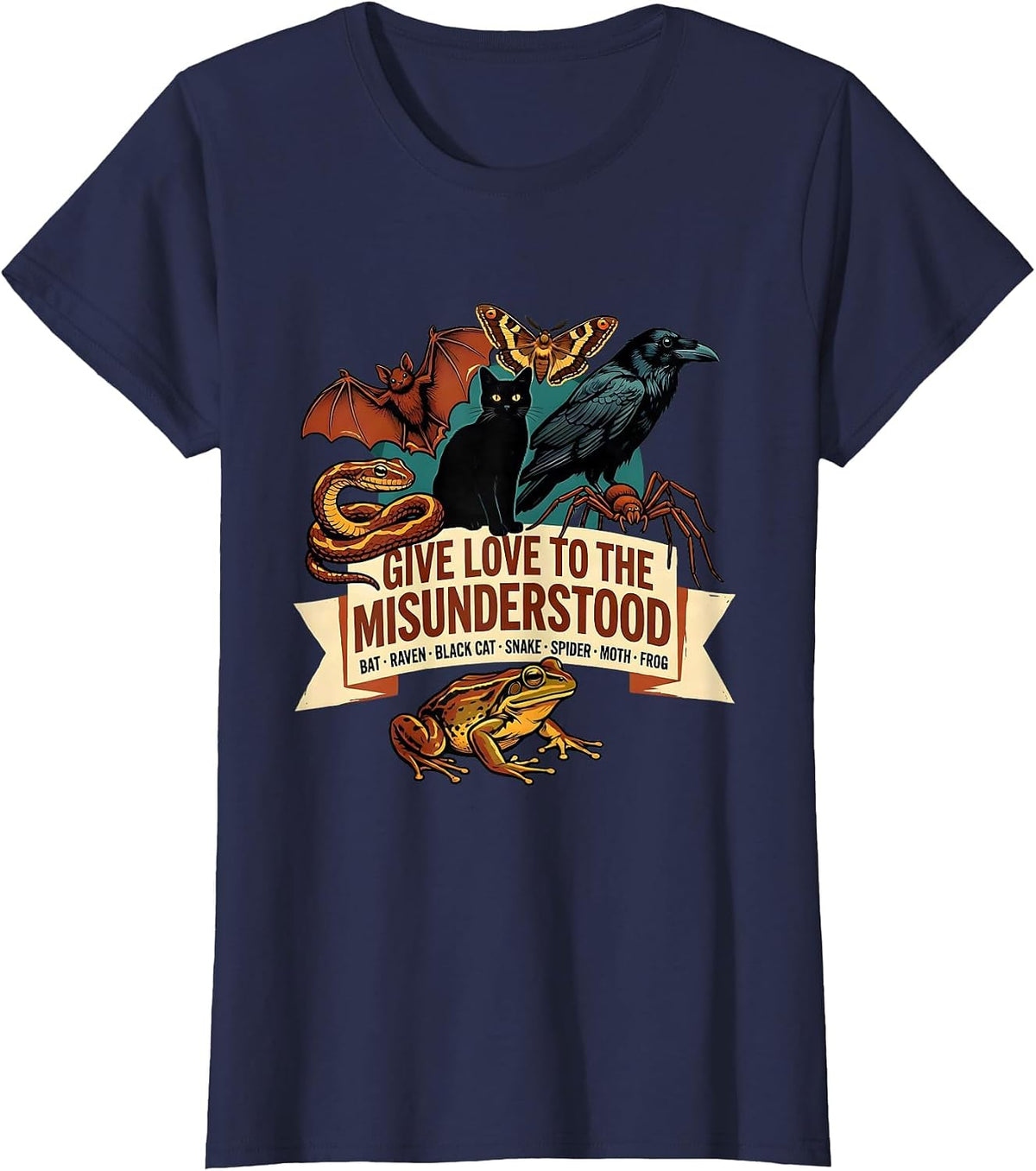 Women's Give Love To The Misunderstood Bat Raven Snake Spider Cat T-Shirt - Navy Blue