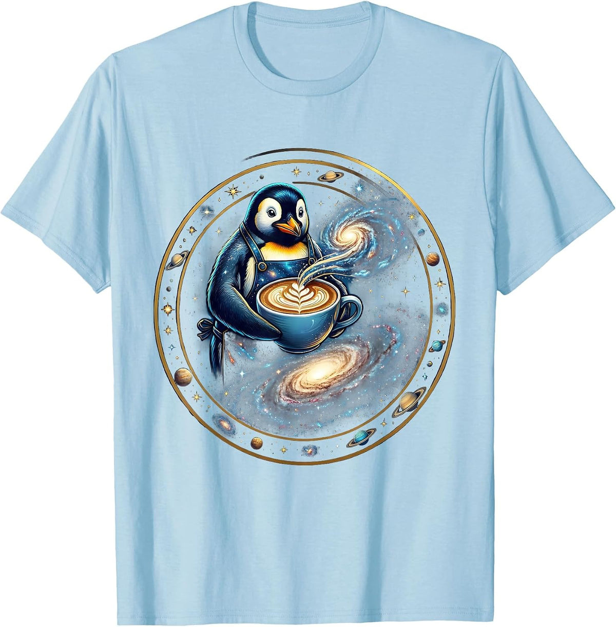 Men's Penguin Barista Latte Art Coffee Lover Design T-Shirt - Baby Blue