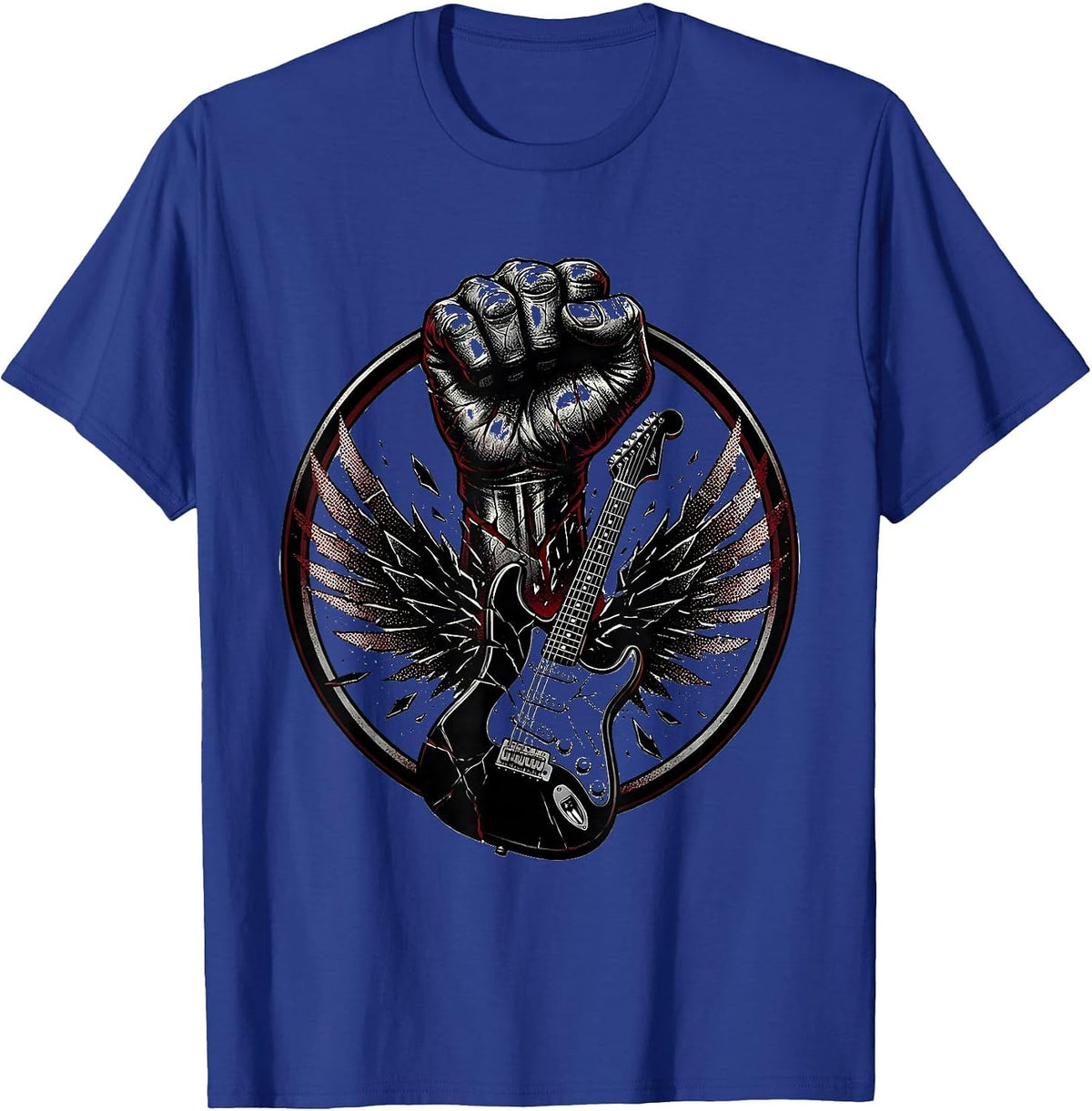 Iron Fist Crushing Guitar Metal Band Graphic T-Shirt - Royal Blue