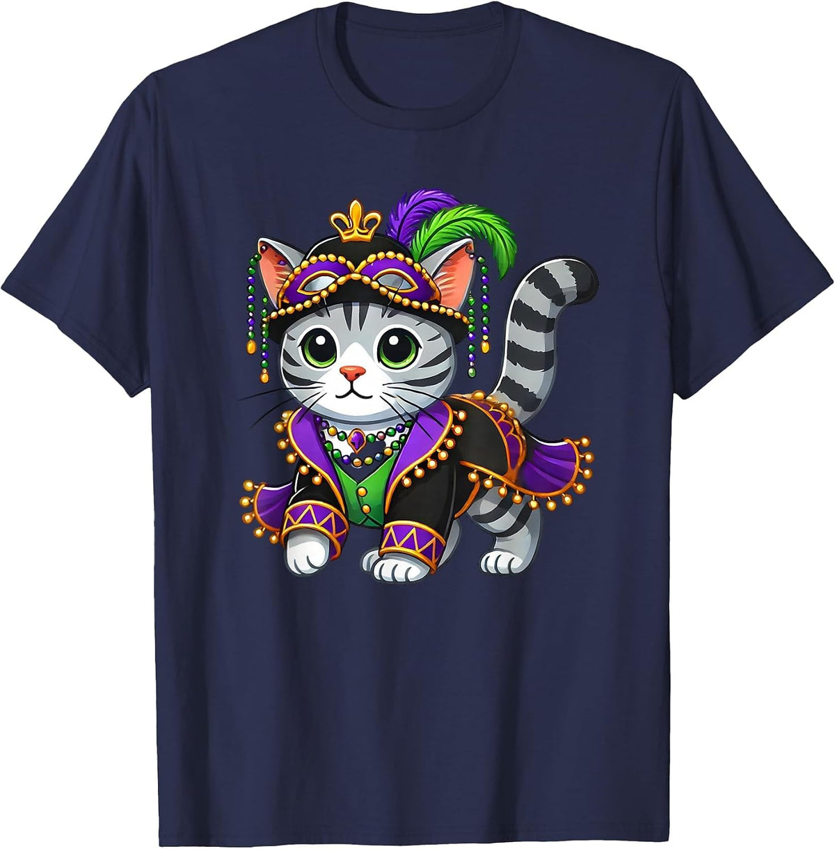 Mardi Gras Cat T-Shirt - Navy Blue