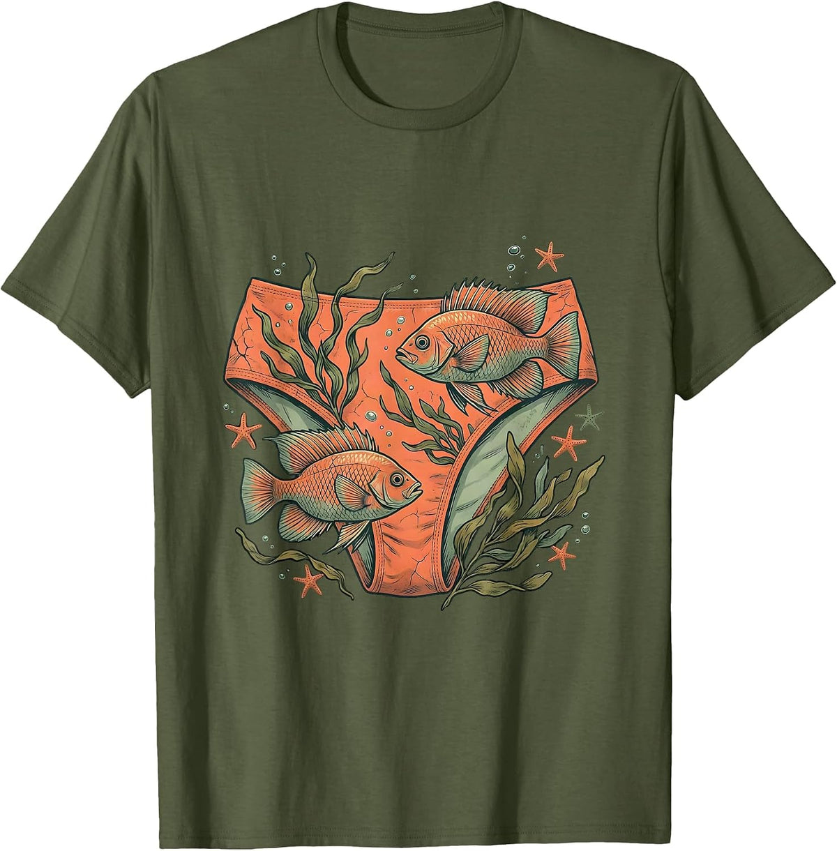 Tropical Fish Bikini Bottoms Funny Beach Art T-Shirt - Olive Green