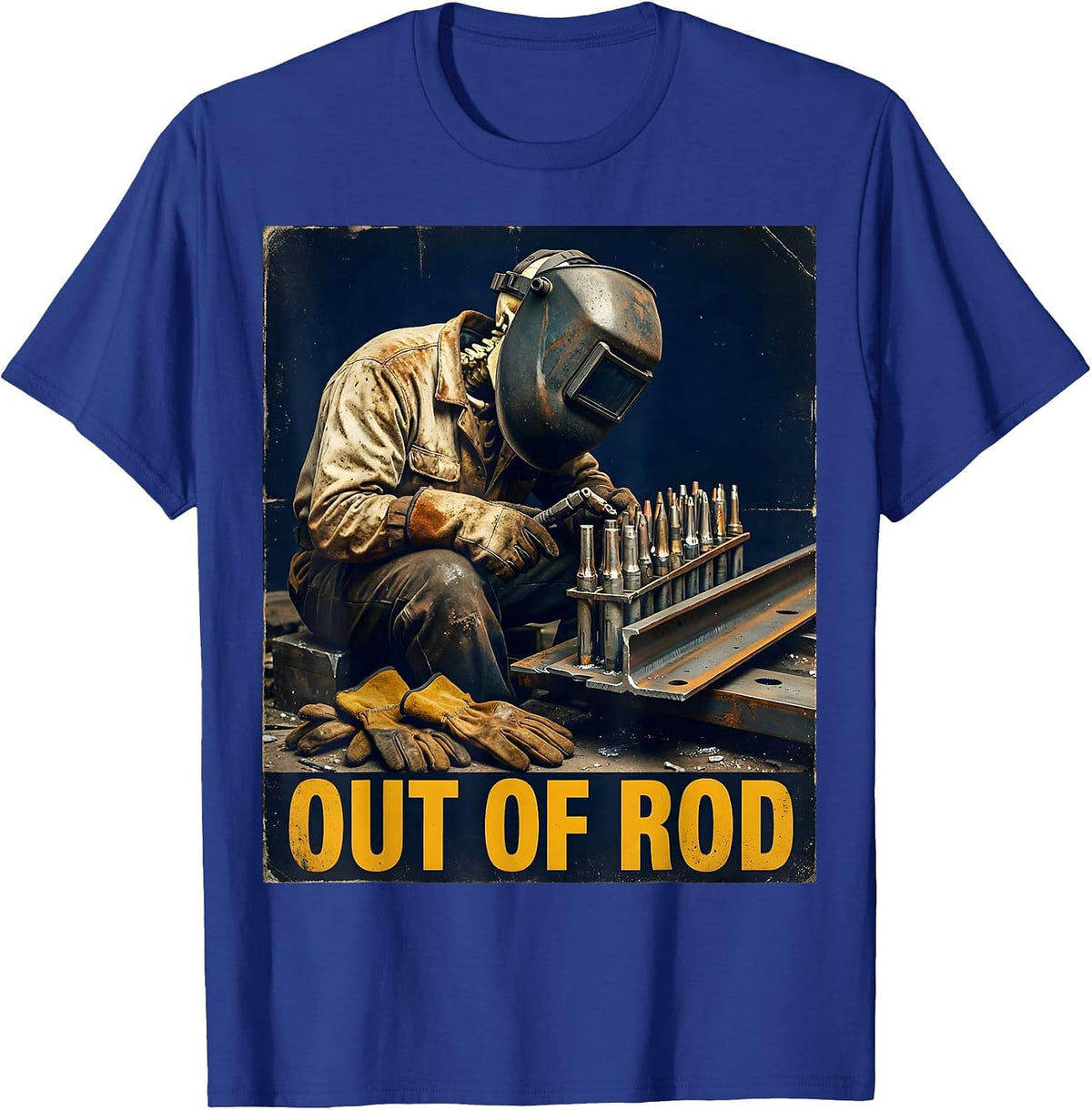 Men's Out Of Rod Vintage Welder Skeleton Tradesman Humor T-Shirt - Royal Blue