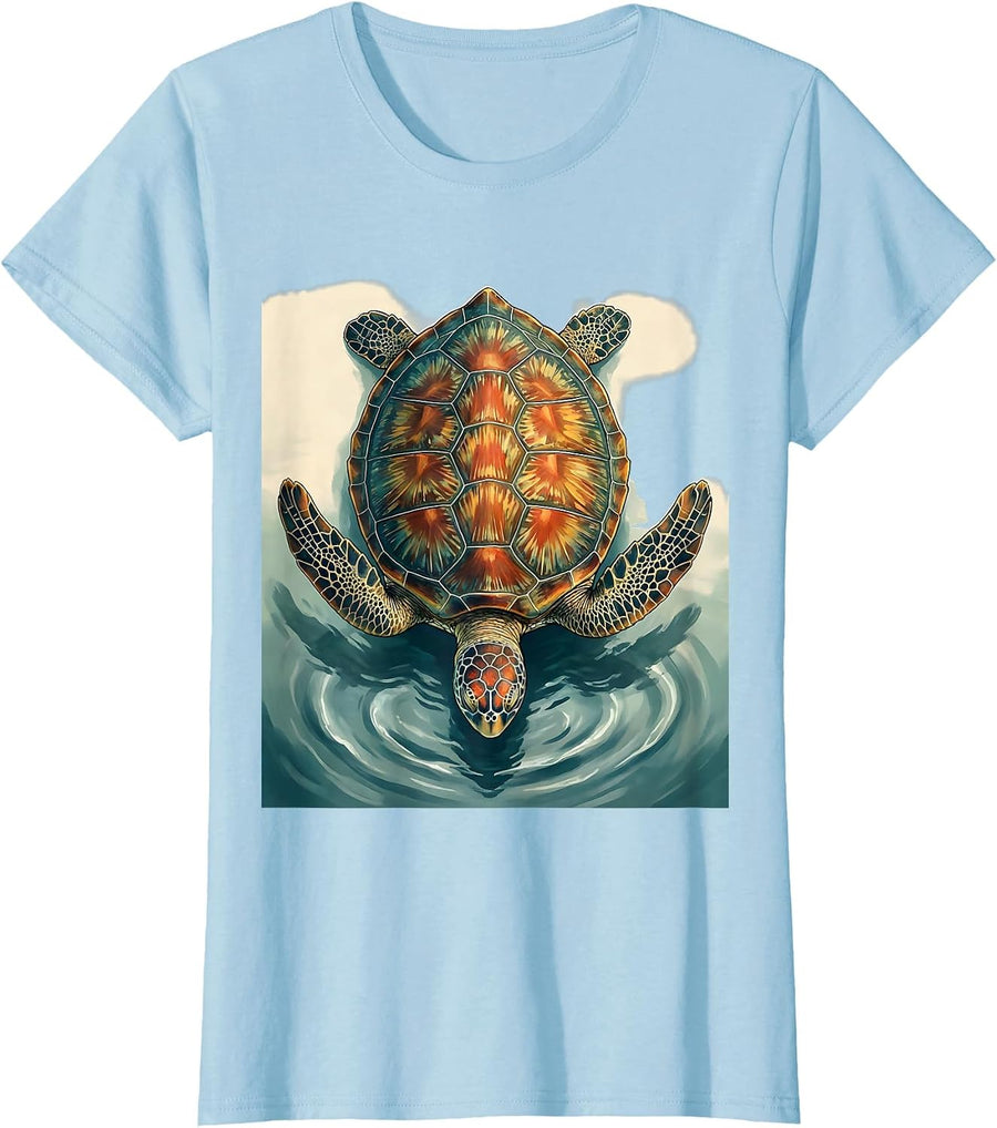 Women's Sea Turtle Portrait Nature Lover Casual Everyday T-Shirt - Baby Blue