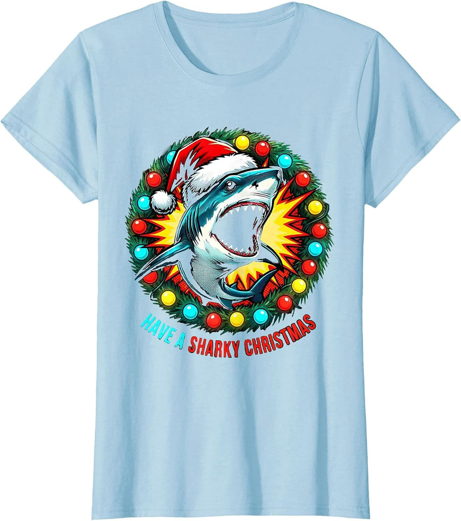Women's Have a Sharky Christmas Funny Pop Art Shark Santa Hat T-Shirt - Baby Blue