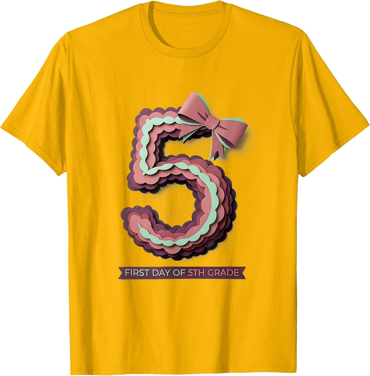 First Day Of 5th Grade Cute Girly Coquette Bow Back T-Shirt - Golden Yellow