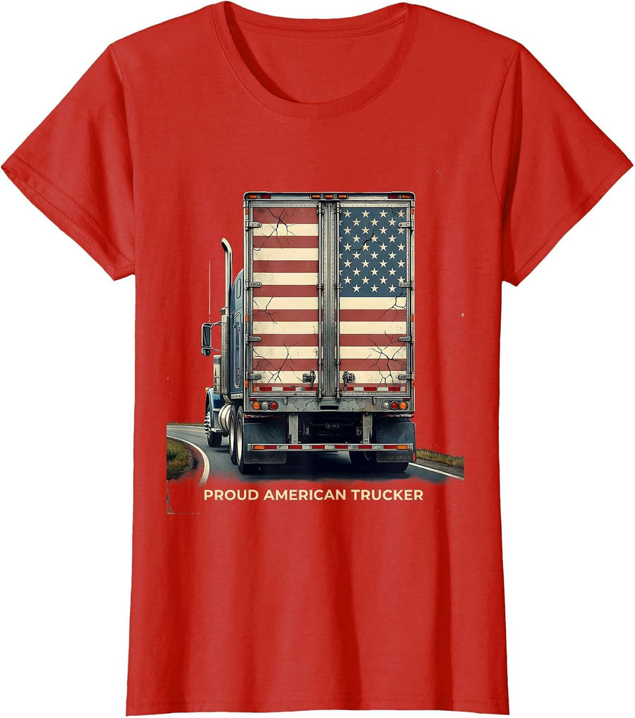 Women's Proud American Trucker Distressed Semi Trailer Trucker Gift T-Shirt - Red