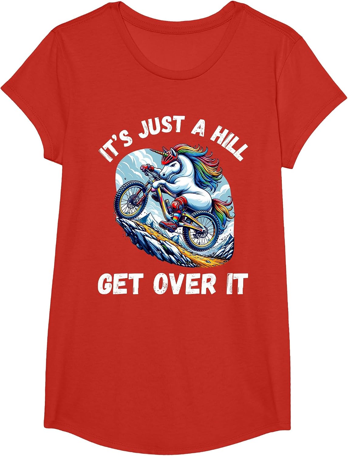 It's Just A Hill Get Over It Funny Unicorn Mountain Bike T-Shirt - Girls Red