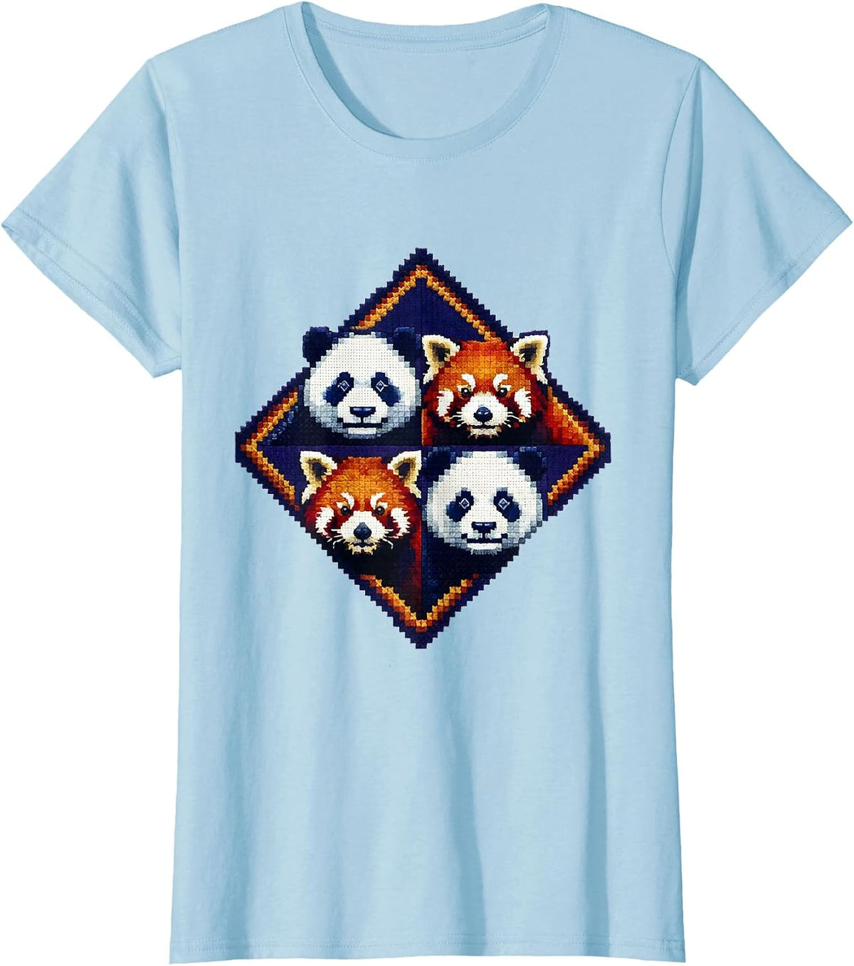Women's Stitched Diamond Panda Red Panda Cross Stitch Sampler Animal T-Shirt - Baby Blue