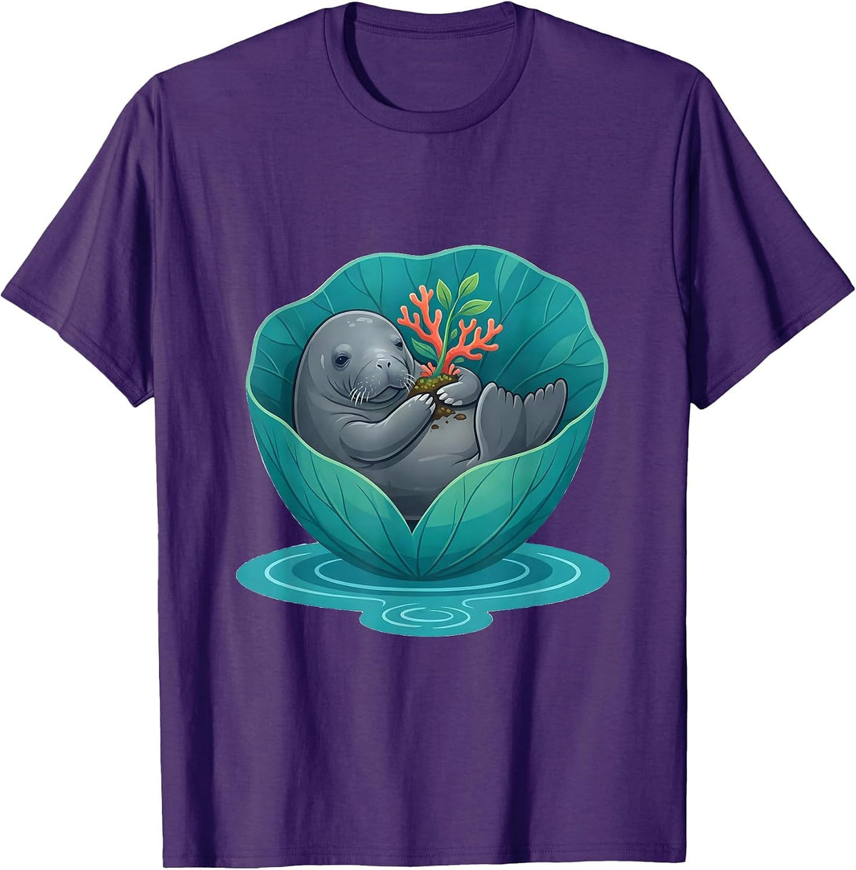 Manatee In Lily Leaf Funny Crystal River Florida Souvenir T-Shirt - Purple