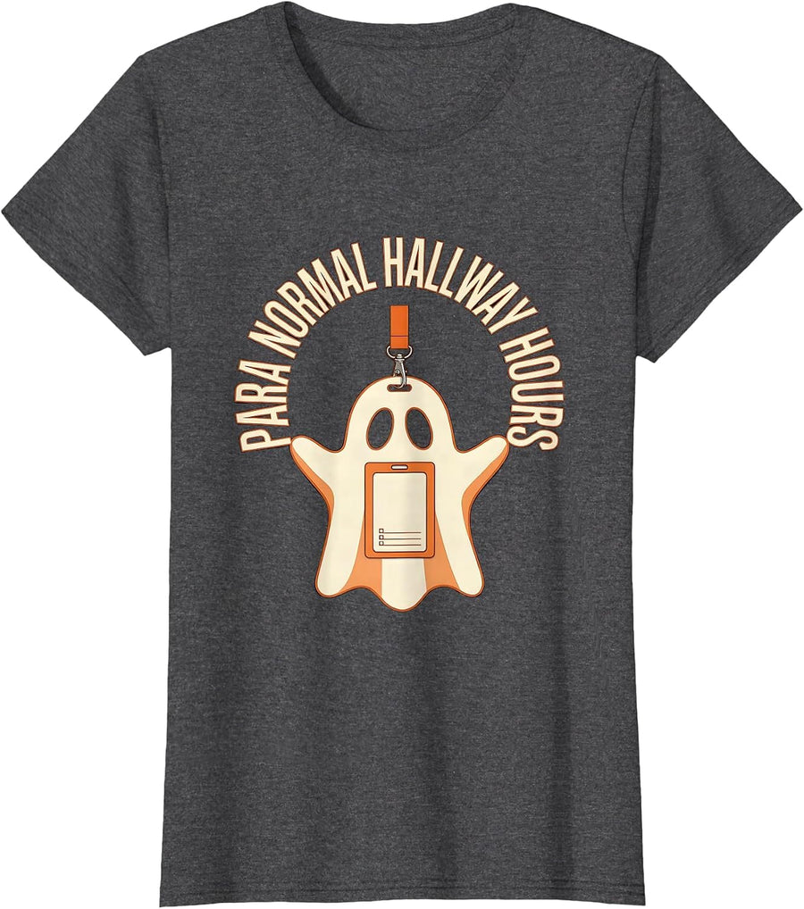Women's Para Normal Hallway Hours Funny Paraeducator Halloween Ghost T-Shirt - Dark Heather Grey