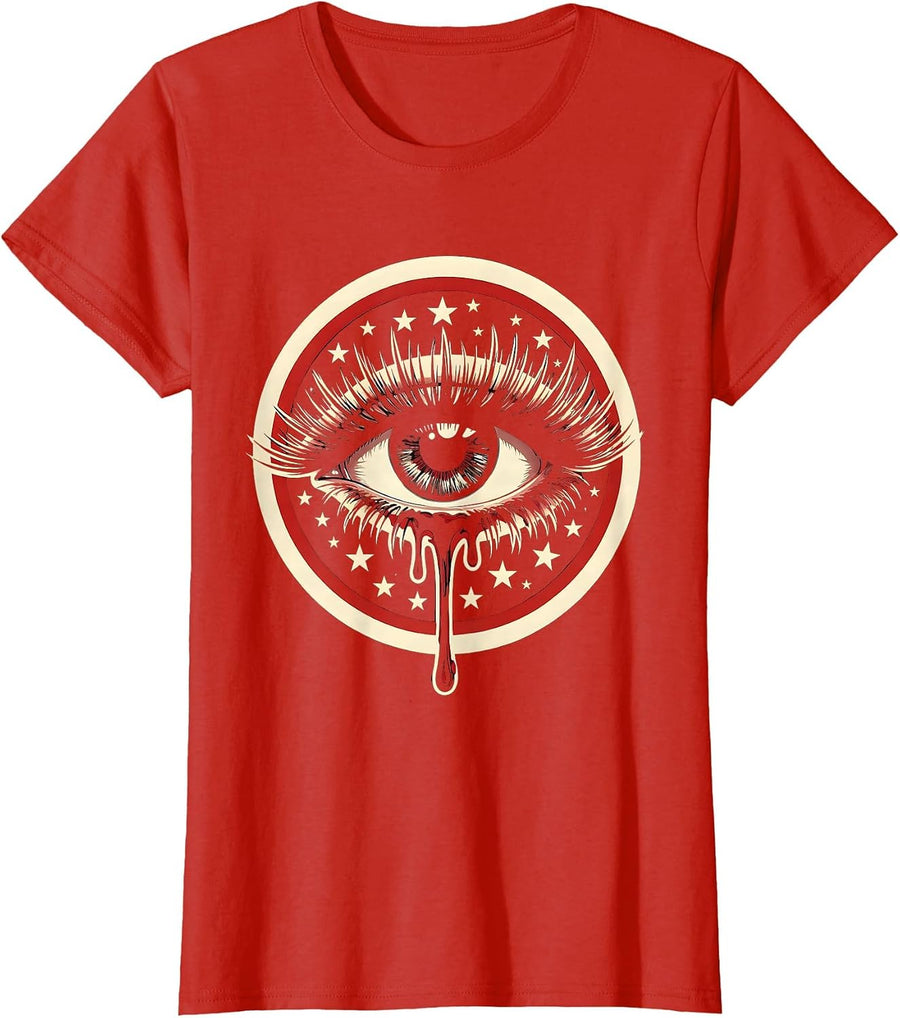 Women's Punk Dripping Mascara Eye with Stars Design T-Shirt - Red