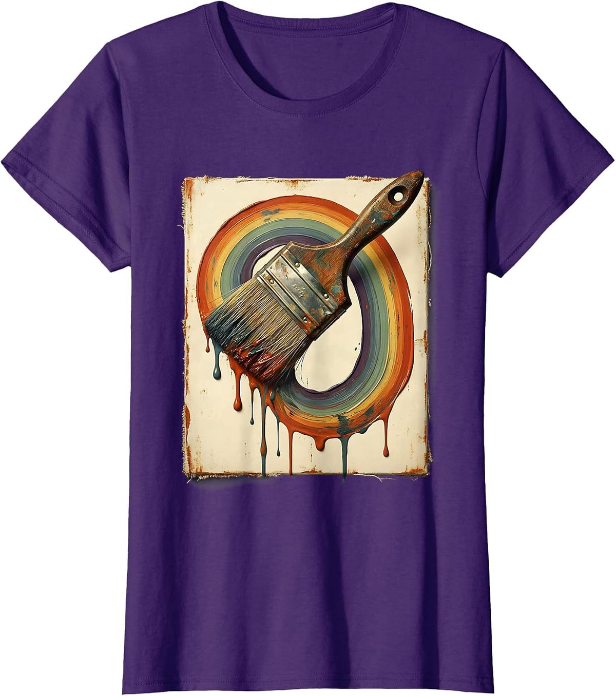 Women's Preschool Teacher Rainbow Paintbrush Canvas Art T-Shirt - Purple