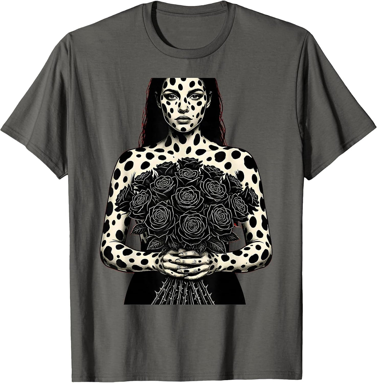 Dalmatian Woman Black Rose Bouquet Art T-Shirt - Asphalt Grey