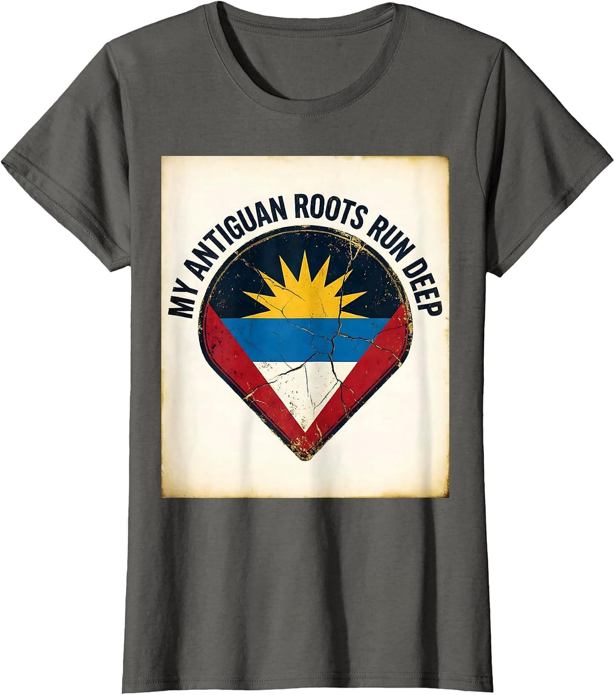 Women's My Antiguan Roots Run Deep Distressed Flag National Pride T-Shirt - Asphalt Grey
