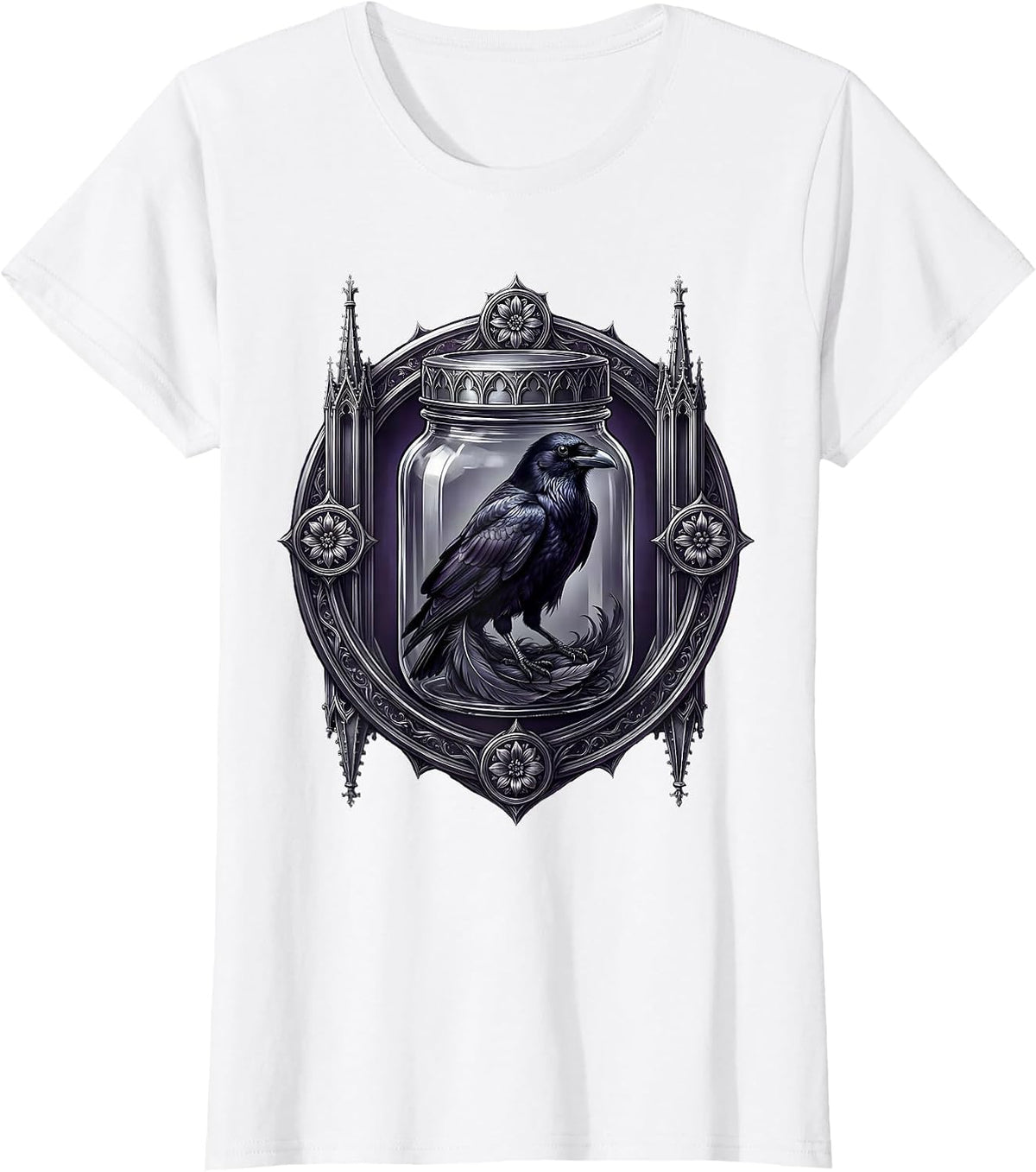 Women's Raven in a Mason Jar Gothic Nature Illustration T-Shirt - White