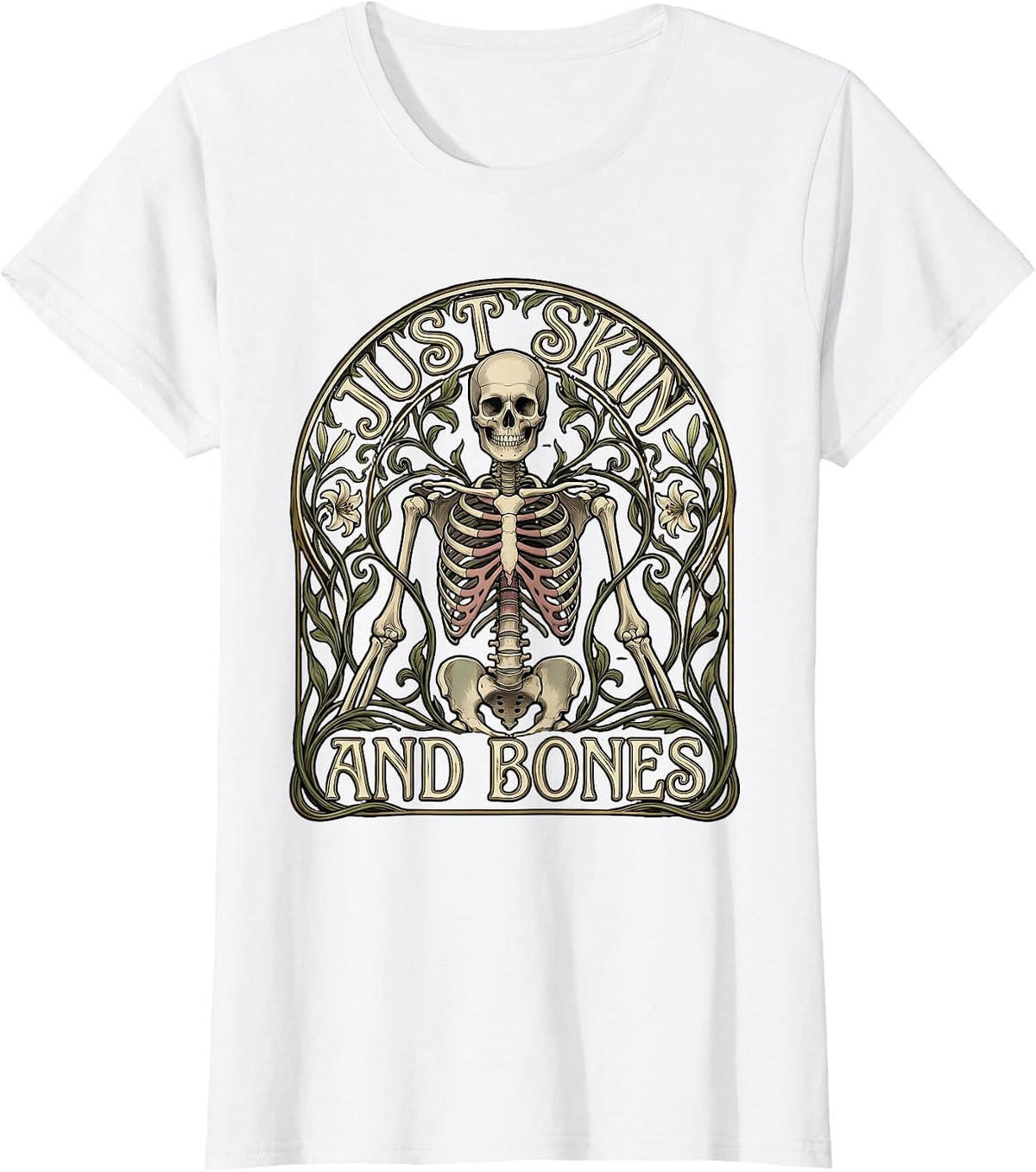Women's Just Skin and Bones Skeleton Graphic Design T-Shirt - White