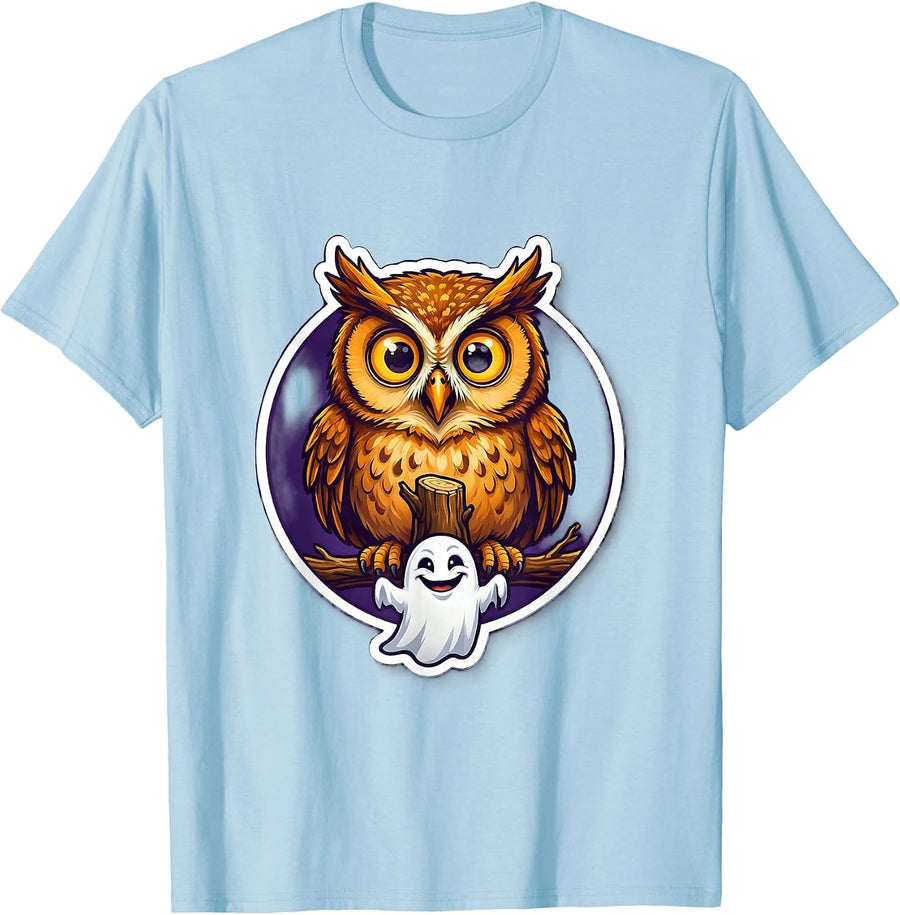 Men's Startled Owl and Ghost Funny Halloween Design T-Shirt - Baby Blue