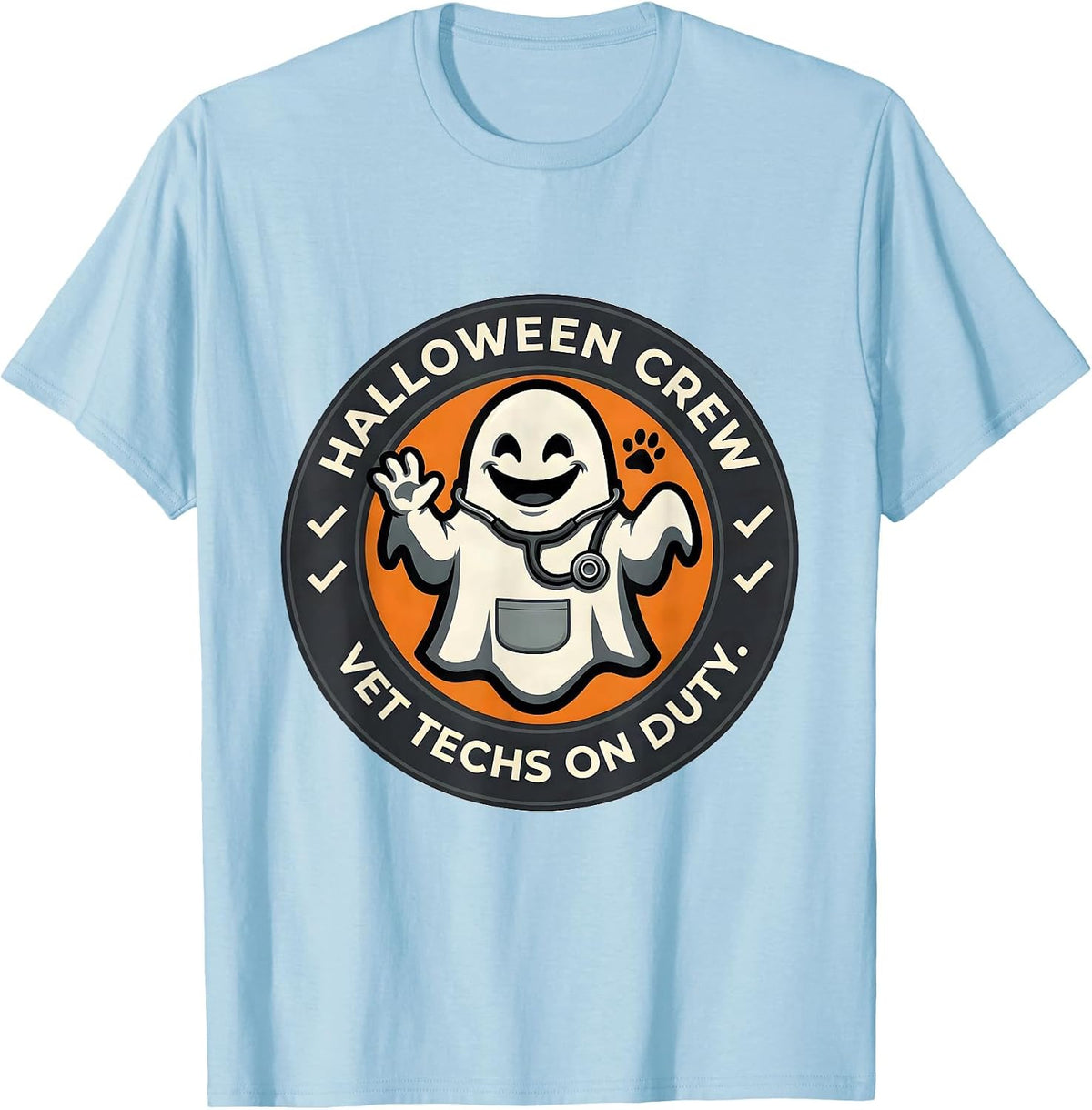 Men's Halloween Crew Vet Techs On Duty Whimsical Workplace Humor T-Shirt - Baby Blue
