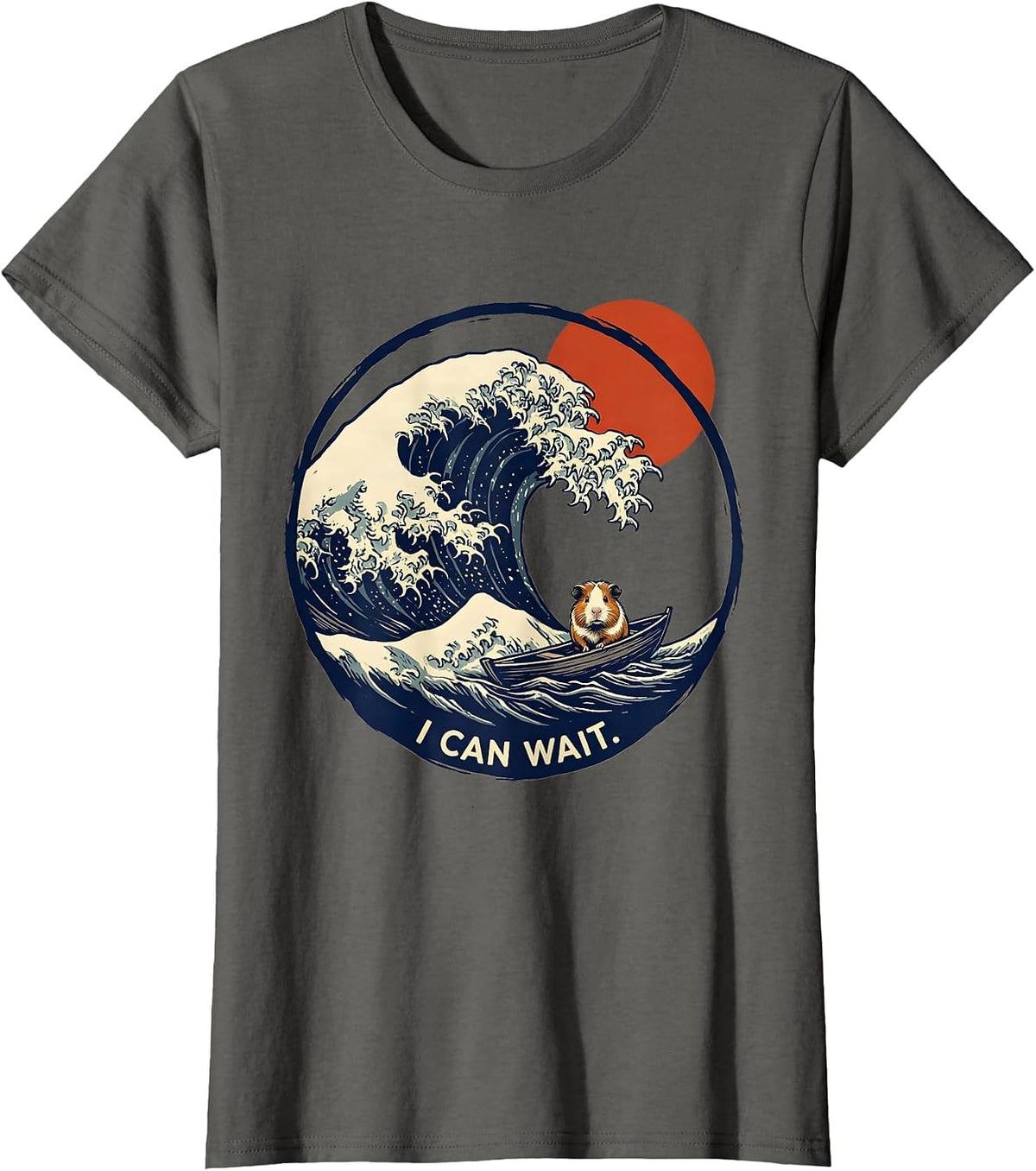 Women's I Can Wait Linocut Japanese Art Animal Meme Humor T-Shirt - Asphalt Grey