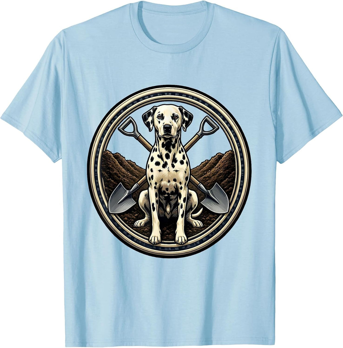 Men's Dalmatian Digging Enormous Hole in Backyard T-Shirt - Baby Blue