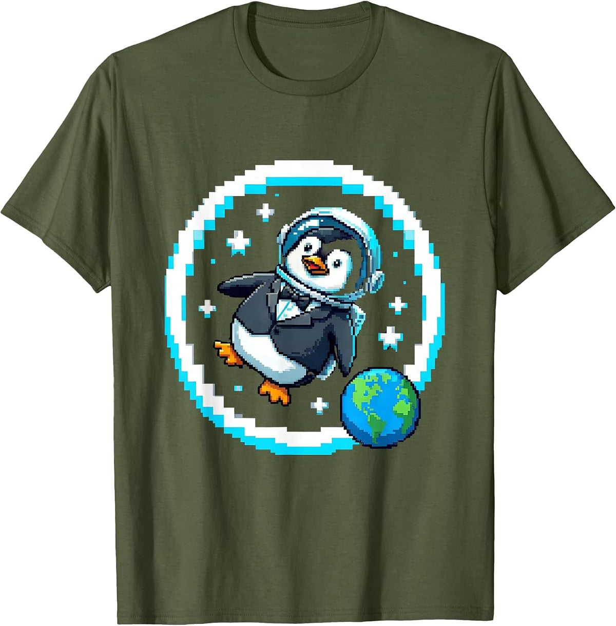 Penguin Astronaut Floating in Outer Space T-Shirt - Olive Green