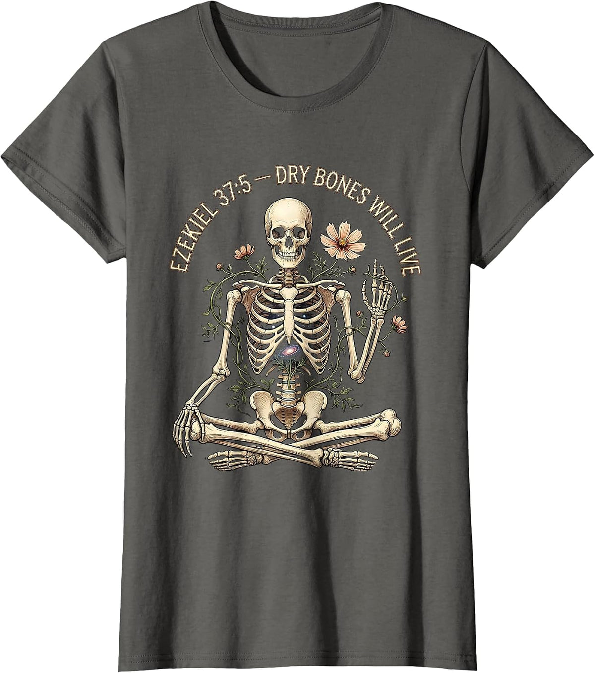 Women's Ezekiel 37:5 Dry Bones Will Live Christian Skeleton Humor T-Shirt - Asphalt Grey