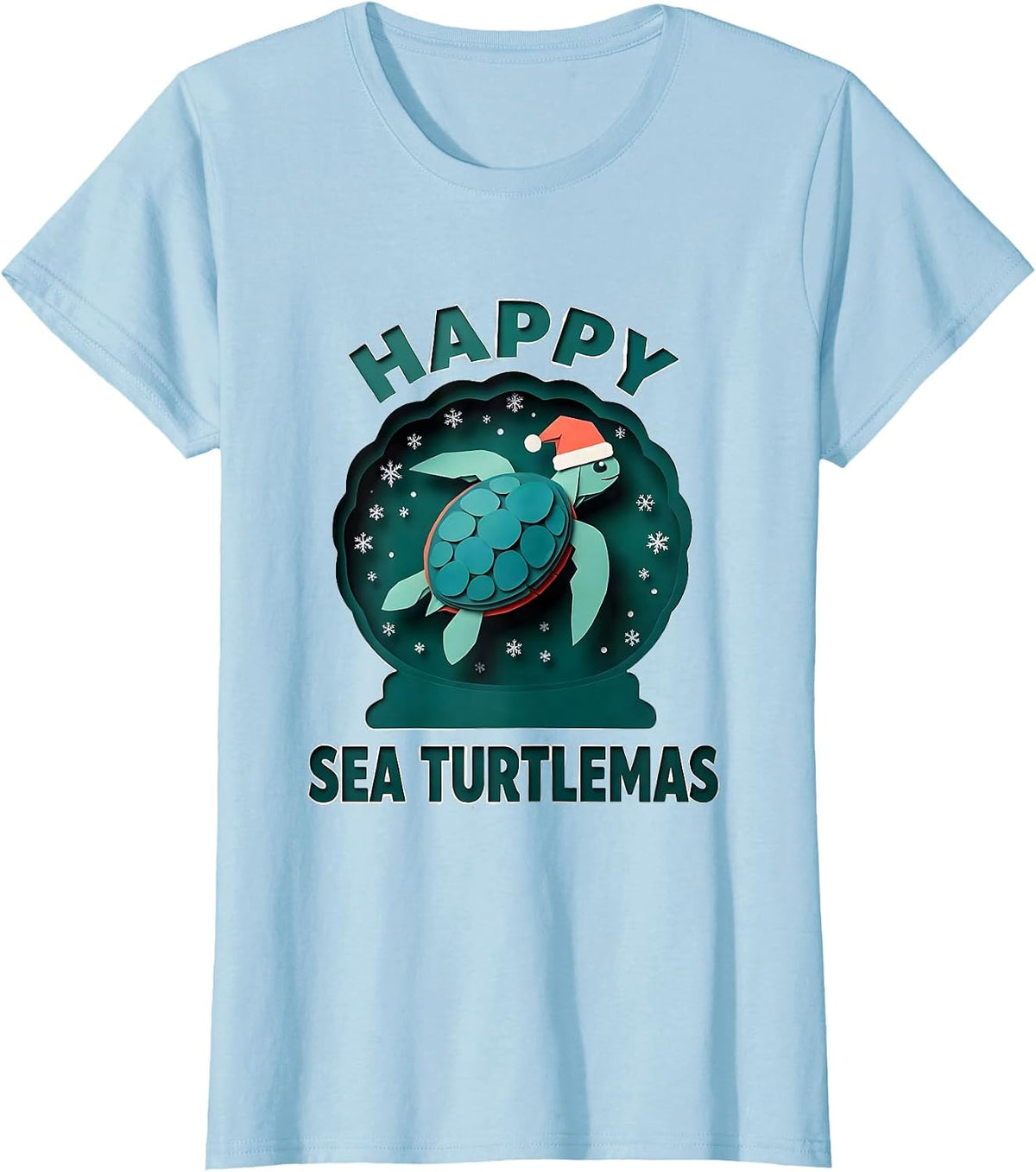 Happy Sea Turtlemas Paper Cutout Christmas Sea Turtle Lover T-Shirt - Baby Blue