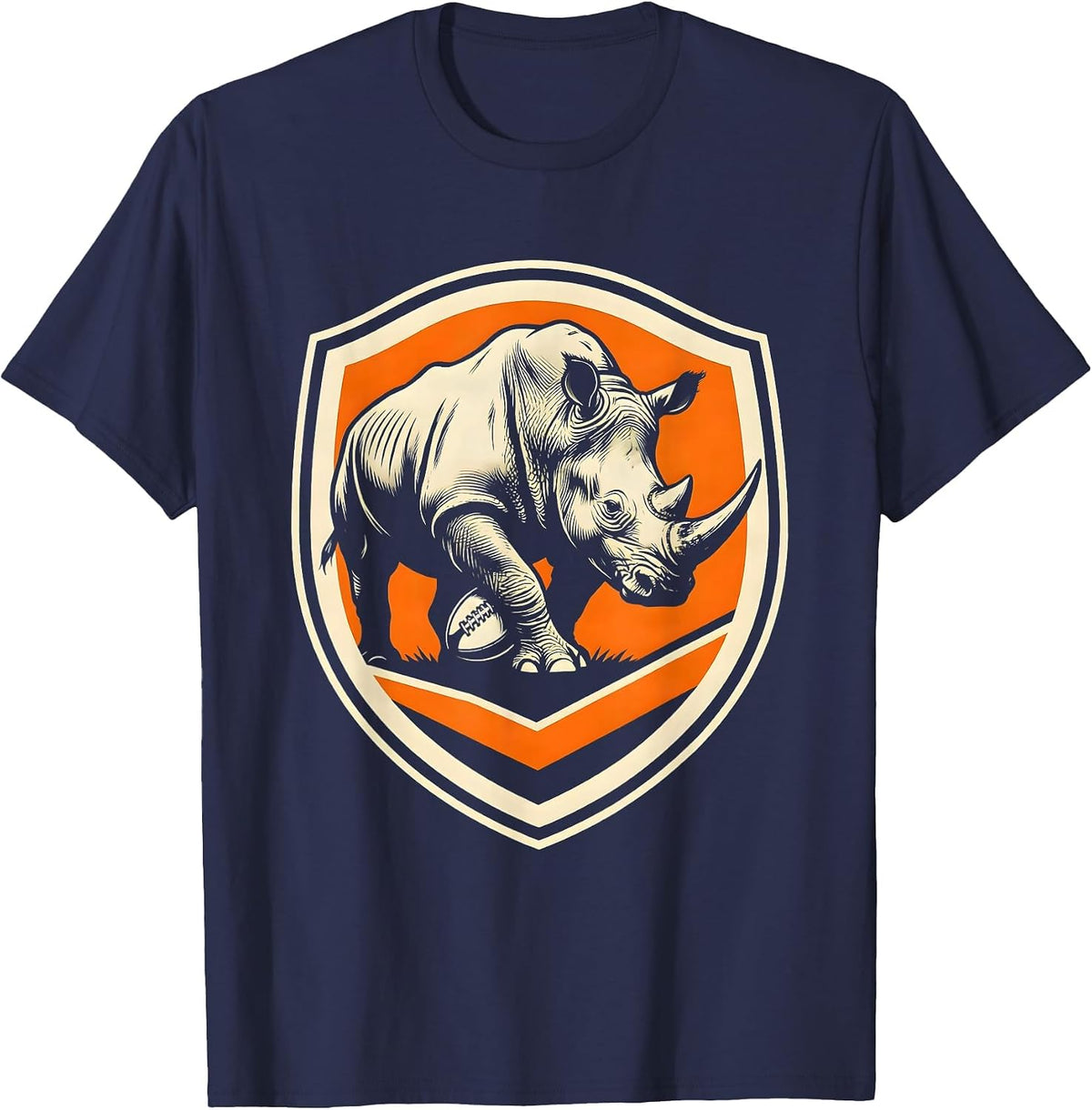 Charging Rhino Rugby Ball Graphic T-Shirt - Navy Blue