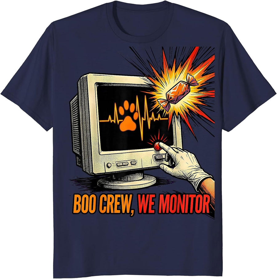 Boo Crew We Monitor Funny Vet Tech Halloween Veterinary T-Shirt - Navy Blue