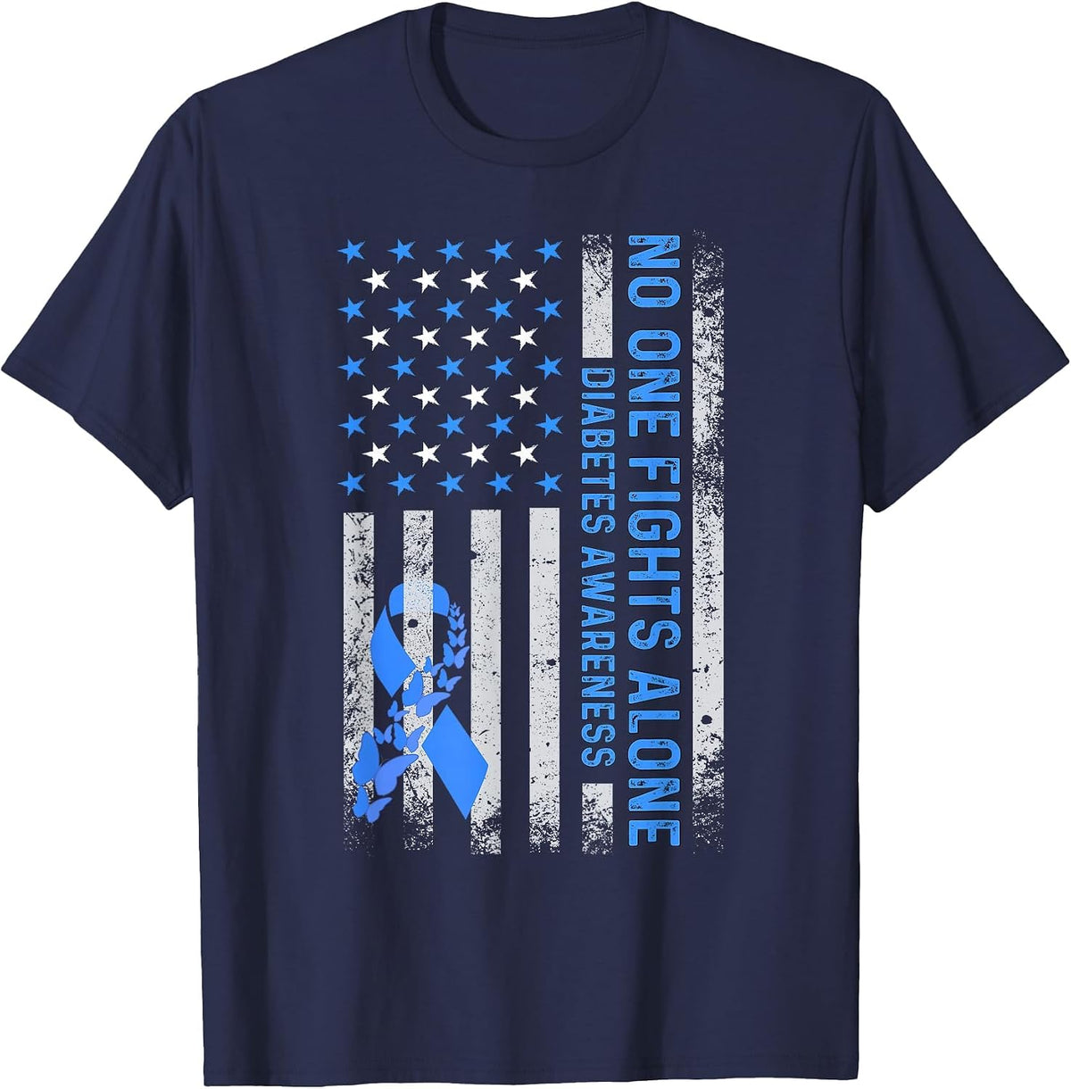 USA American Flag No Fighting Alone Diabetes Awareness T1D T-Shirt - Navy Blue